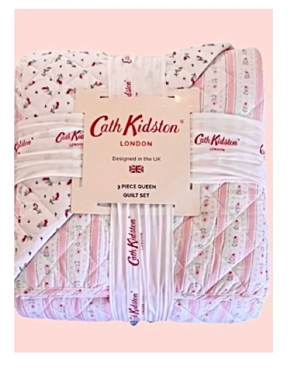 🆕- Cath Kidston Rosebud Pink Floral & Stripe Queen 3 Piece Quilt Set. Beautiful